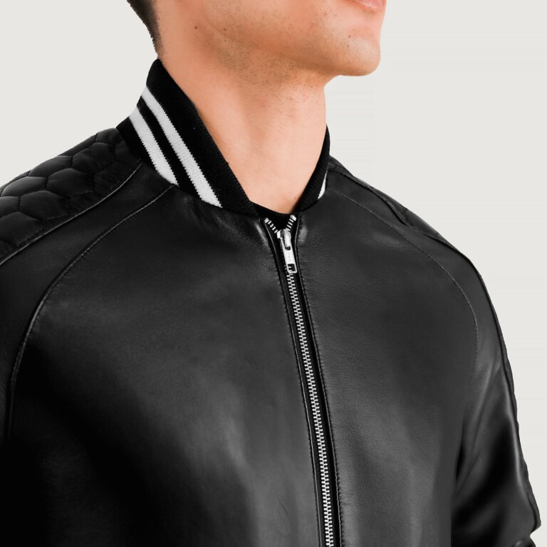 Mens Pascal Black Leather Varsity Jacket Close-Up-9-1704119374150